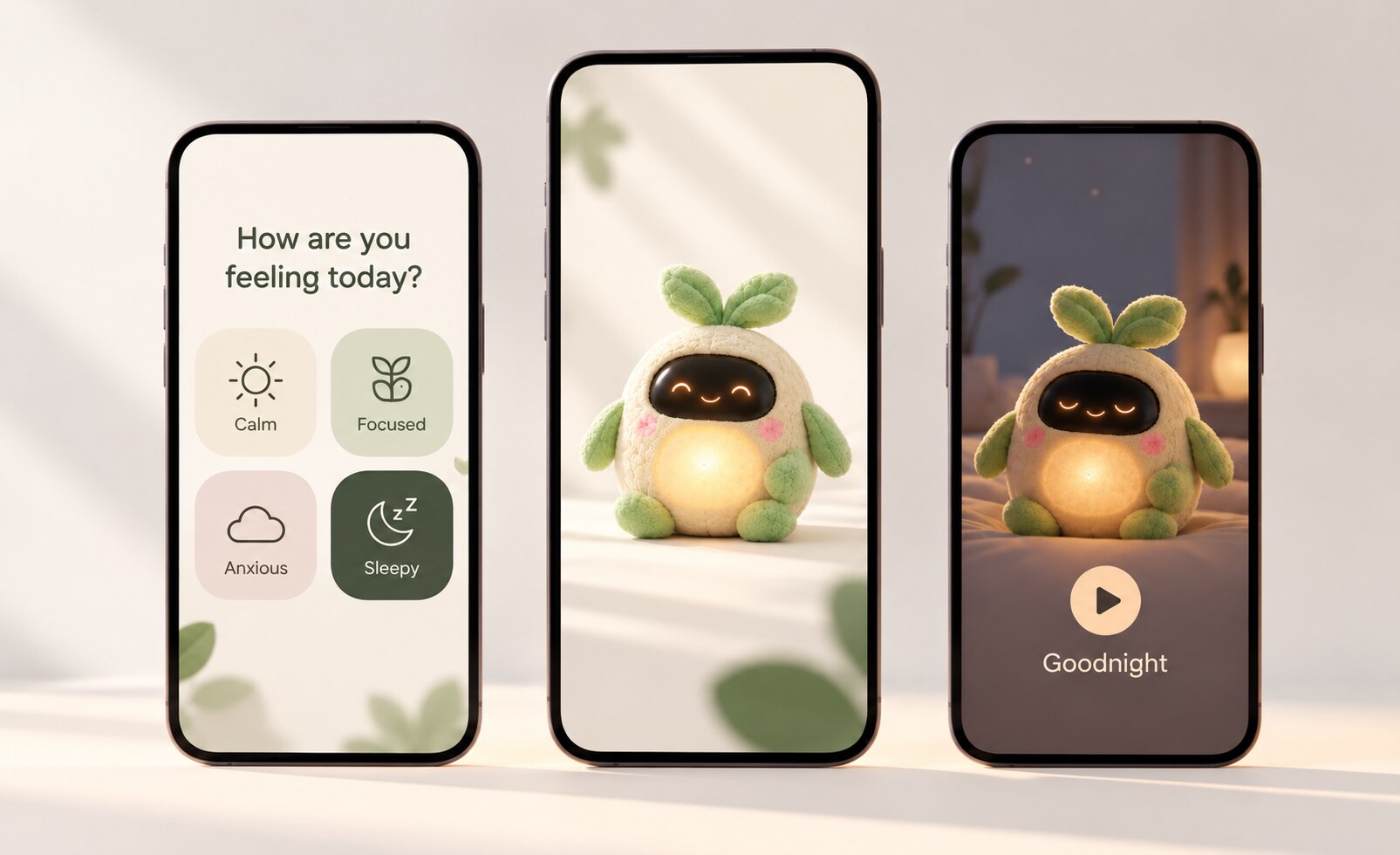 The PUFFA app: a how are you feeling today check-in, the companion on screen, and a goodnight mode