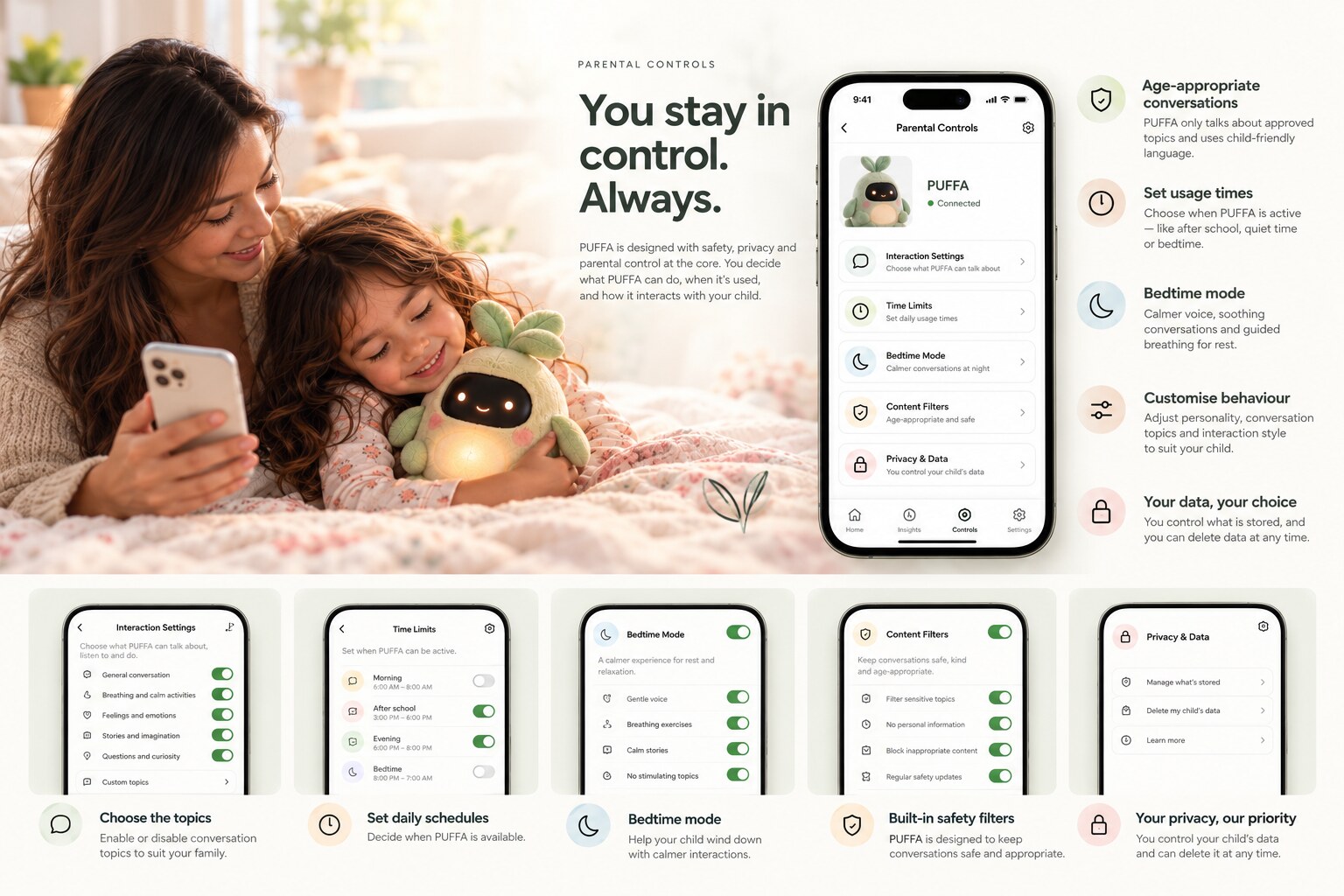 The PUFFA parent app: age-appropriate conversations, usage times, bedtime mode, behaviour settings, content filters and data controls