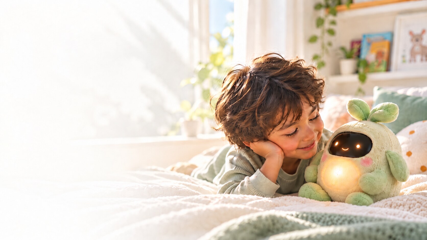 A child at home, smiling at the glowing PUFFA companion beside them