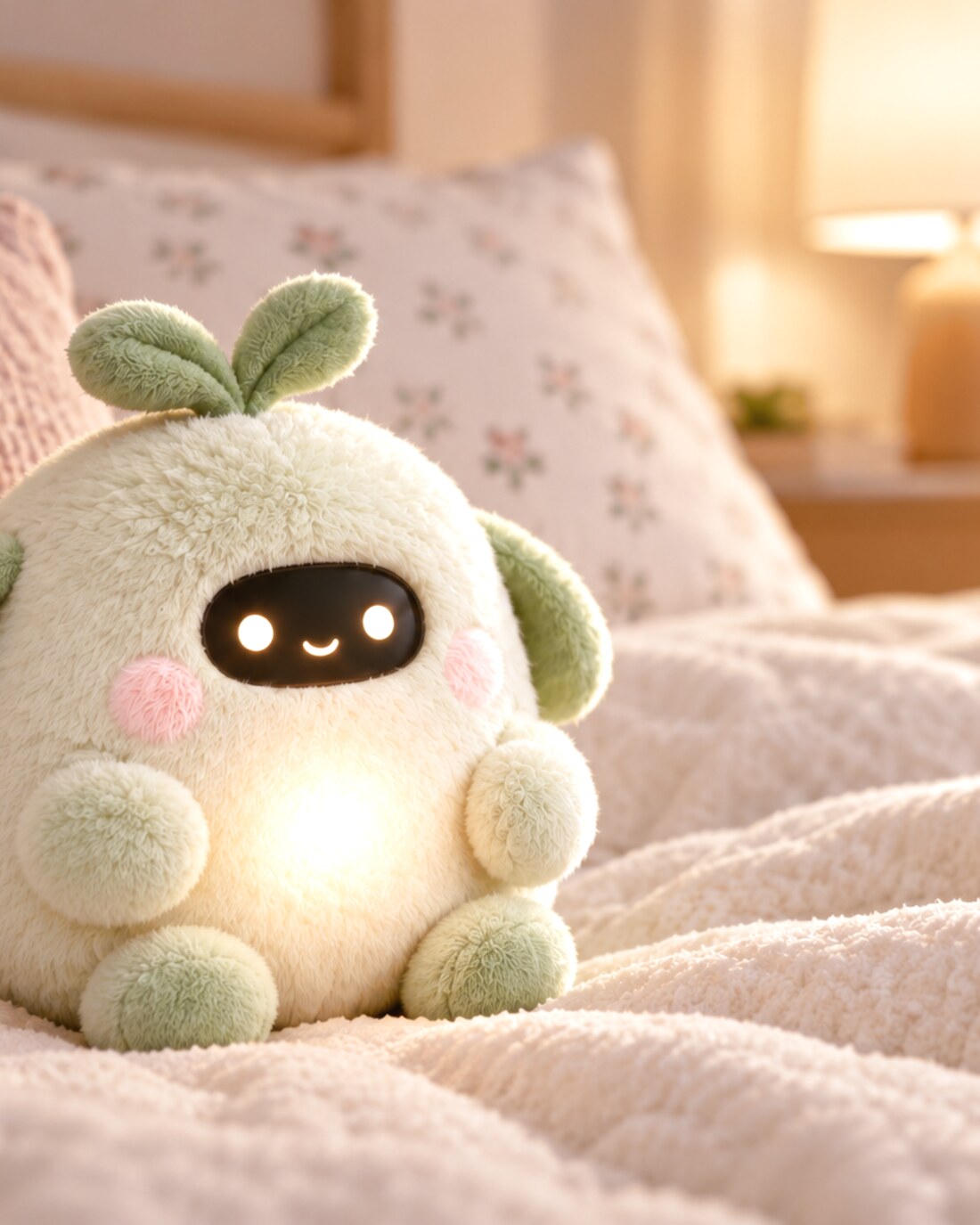 The Kapha companion resting on a quilted bedspread, its belly glowing warm