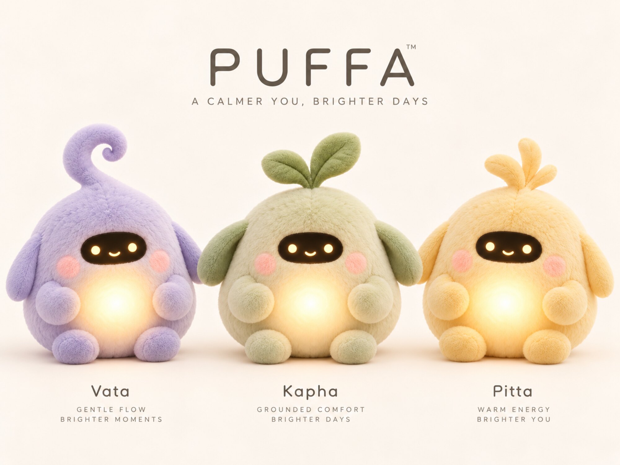 The three PUFFA companions: Vata in soft purple, Kapha in sage green and Pitta in pale yellow